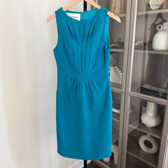 VALENTINO Turquoise Blue Wool Sleeveless Box Pleat Dress 4 Sleeveless Mini Round